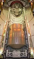 The shuttle's main cargo, the Raffaello MPLM and LMC, inside the payload bay.