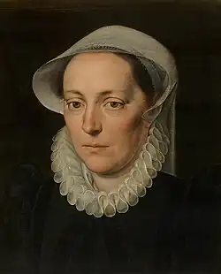 Portrait of a Woman, c. 1535–84, 34 cm × 27.5 cm, Inscriptions top left: "A.DNI.1548; middle above: OBIIT A 60; top right: AETATIS MEAE 56", Royal Museum of Fine Arts Antwerp (KMSKA), Belgium