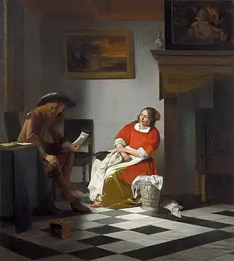 Interior with a Man Reading a Letter and a Woman Sewing c. 1674 – c. 1676