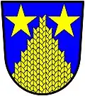 Hunley (Canada): Azure, a pile reversed of ears of wheat or issuant from base and in chief two mullets also or.