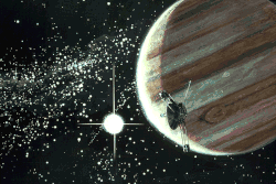 A painting of a spacecraft in front of a crescent Jupiter, the distant Sun, and the stars of the Milky Way in the background. The night-side of Jupiter is illuminated.