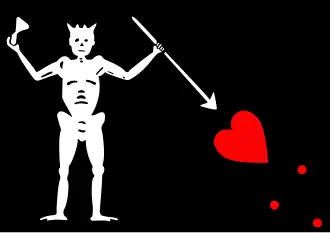 This flag may be is incorrectly attributed to Blackbeard; the “horns” on the skeleton are unknown in period sources, and Blackbeard flew only a "Deaths Head".[64]