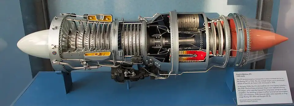 Pratt & Whitney J57 turbojet (1/4 scale model). A turbojet uses its thermodynamic cycle gas as its propelling jet. The jet velocity exceeds the speed of a subsonic aircraft by too great an amount to be an economical method of subsonic aircraft propulsion. The purpose behind the jet engine is to convert fuel energy into kinetic energy of the cycle air but after the thrust-producing momentum has appeared the unwanted byproduct is the wake velocity which results in kinetic energy loss, known as residual velocity loss (RVL). The wake velocity behind a turbojet-powered aircraft at subsonic speed is about 600 mph. At maximum propeller-driven speeds, the wake velocity behind the propeller it replaced as a thrust producer is about 10 mph with an insignificant RVL.[32] It is impossible to transform completely the kinetic energy acquired inside the engine into thrust work. The whole increase in kinetic energy obtained inside the engine is expended in thrust work and losses of kinetic energy outside the engine. There is thus kinetic energy inside the engine which will remain unused. In the case of the stationary engine before take-off the whole kinetic energy turns into losses since the thrust force does no work.[33]
