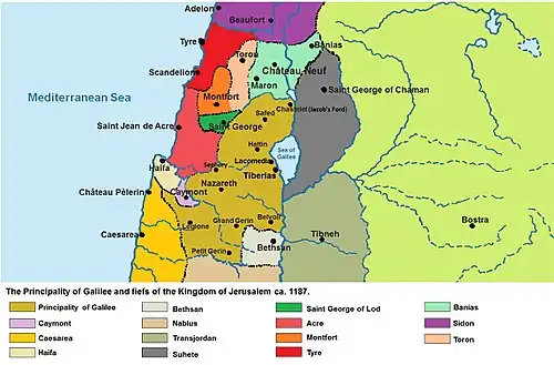 Map of the feudatories of the Kingdom of Jerusalem in 1187