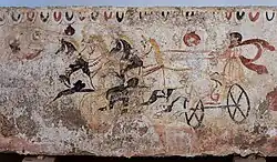 Fresco depicting an Italic chariot from the Lucanian tomb, 4th century BC.