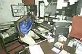 The radio studio with a local disc jockey playing vinyl records.