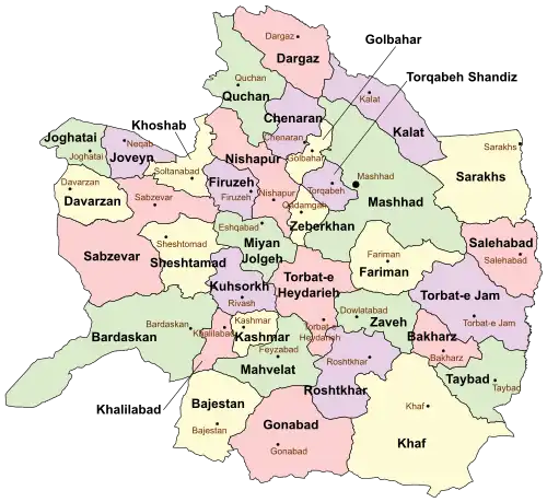 Location of Bakharz County in Razavi Khorasan province (center right, pink)