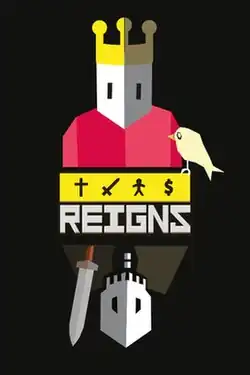 An illustration of a king. Directly below the king is an undead skeleton carrying a sword, who is facing upwards. Between the skeleton and the king is the game logo.