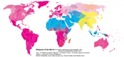The 2012 distribution of world religions by country/state, and by smaller administrative regions for the largest countries: