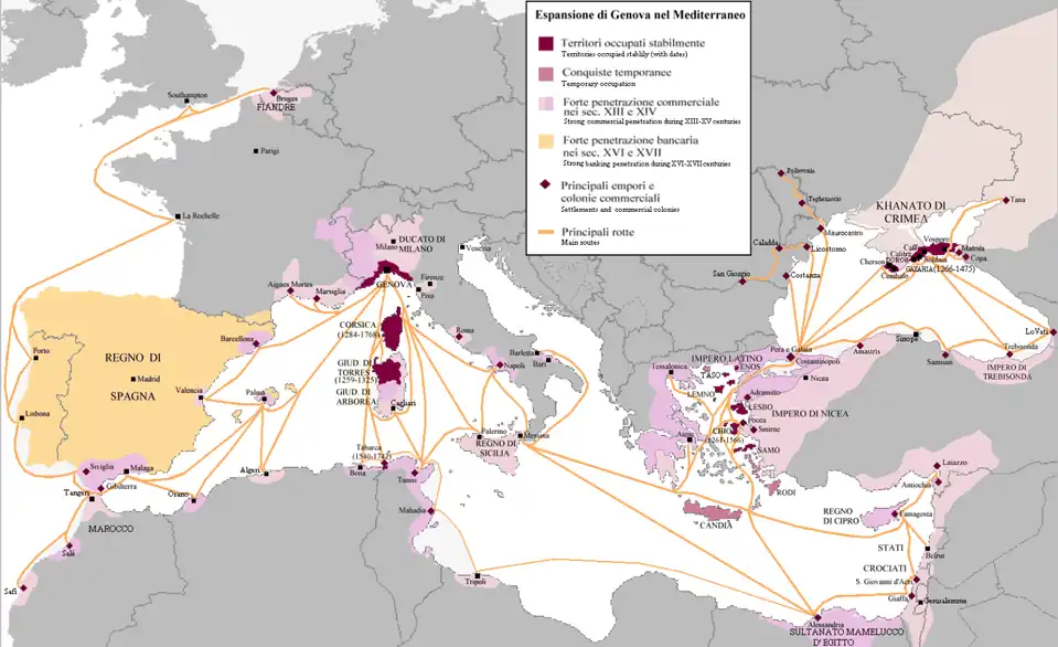The Republic of Genoa and its colonies in the Mediterranean and the Black Sea (shown in purple)