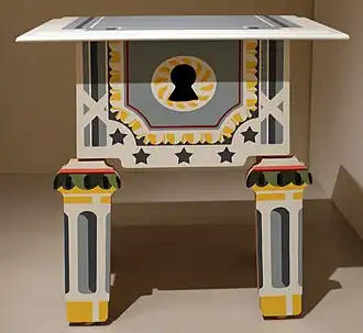 Louis XVI, lowboy; by Robert Venturi for Arc International; c.1985; laminated wood; unknown dimensions; Indianapolis Museum of Art, Indianapolis, USA[130]