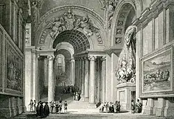 The base of Scala Regia, viewed from the Portone di Bronzo. To the right is the equestrian statue of Constantine the Great; straight ahead is the coat of arms of Pope Alexander VII.