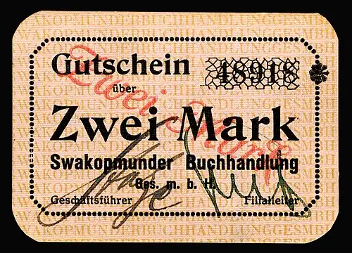 Image 14 South-West African mark Banknote: Swakopmund Bookshop (courtesy of the National Numismatic Collection, National Museum of American History) The South West African mark was a temporary currency issued in South West Africa between 1916 and 1918 as part of the South West Africa campaign. Issued after the conquest of German South West Africa by South Africa, notes were denominated in marks and pfennig, as with the withdrawn German South West African Mark. Many institutions issued banknotes; this two-mark note was issued by the Swakopmund Bookshop. The South-West African mark was replaced in 1918 by the South African pound. More selected pictures