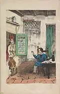 Sinterklaas brings present to poor child (1850)