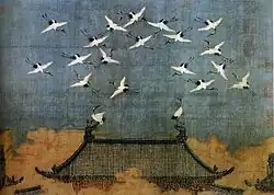 A painting depicting eighteen white cranes flying around the top of a curved roof. Two additional cranes are perched on the roof itself. The building that the roof is attached to is obscured by fog or haze.