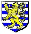 Barruly of ten, argent and azure, a lion rampant, or