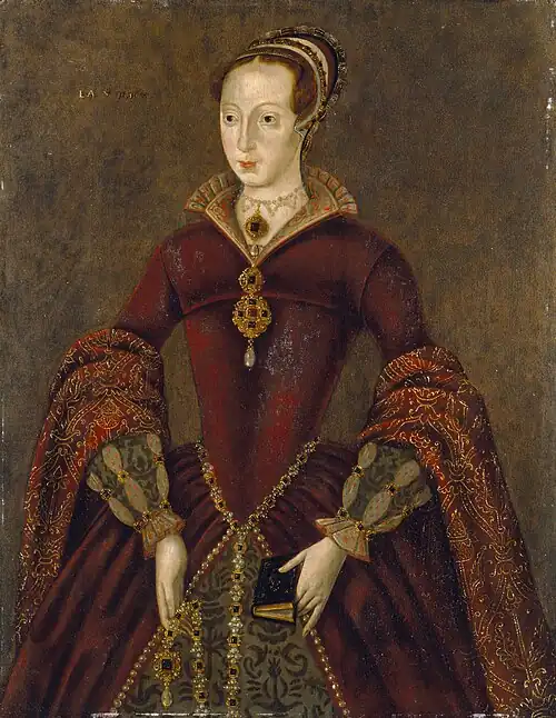 A stiff Elizabethan-style three-quarter portrait of Lady Jane Grey wearing elaborate formal dress and holding a prayer book. She is a tall pale young woman.