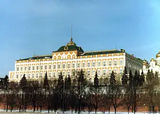 "СССР" and emblem of the Soviet Union embedded in the upper arches of the palace during Soviet era