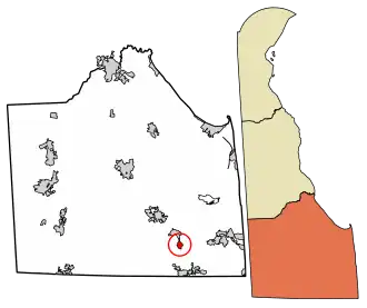 Location of Frankford in Sussex County, Delaware.