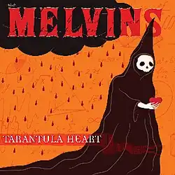 A robed skeleton holding a heart with rain falling and mathematical equations in the background