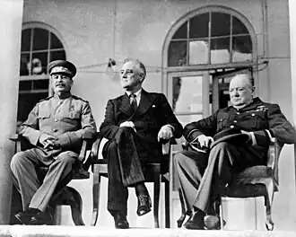 Image 28From left to right, the Soviet General Secretary Joseph Stalin, US President Franklin D. Roosevelt and British Prime Minister Winston Churchill confer in Tehran, 1943 (from History of the Soviet Union)