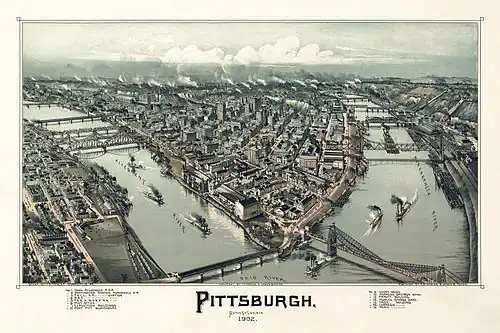 Image 7 Pittsburgh, Pennsylvania Lithograph: Thaddeus Mortimer Fowler; restoration: Adam Cuerden A bird's eye view of Pittsburgh, Pennsylvania, in a 1902 lithograph by Thaddeus Mortimer Fowler. At this point in its history, Pittsburgh was an industrial and commercial powerhouse, with extensive railroad connections to the rest of the United States. Together with the rest of Allegheny County, it produced massive amounts of steel and steel products: by 1911 they reached 24% of the national output of pig iron, 34% of Bessemer steel, 44% of open hearth steel, 53% of crucible steel, 24% of steel rail, and 59% of structural shape. More selected pictures