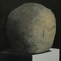 a painting of a stone with a matchstick sticking out of it sitting on a minimalist pedestal