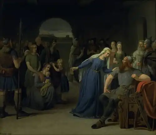 "Thyra Danebod tries to appease Gorm the Old's anger against some captive Christians" by Julius Exner, 1849.
