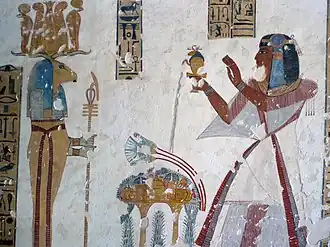 Prince Mentuherkhepeshef giving offerings to a mummiform-depicted Banebdjedet, KV19, 20th dynasty (ca 1129–1111 BC)