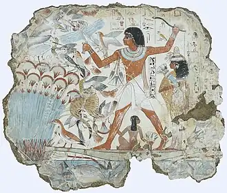 Fresco which depicts Nebamun hunting birds; 1350 BC; paint on plaster; 98 × 83 cm (2 ft 9 in) × 2 ft 8.7 in); British Museum (London)