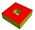 Toroid (genus 1) with two 1-holed-faces. V=16, E=24, F=10, H=2. 2-connected