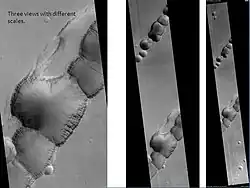 Tractus Catena, as seen by HiRISE. Scale bar is 1,000 m (3,300 ft) long. Click on image for good view of dark slope streaks