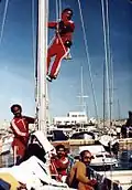 Boat maintenance at La Corona after battling storms during the Bay of Biscay crossing