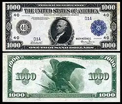$1,000 Federal Reserve Note, Series 1918, Fr.1133d, depicting Alexander Hamilton.