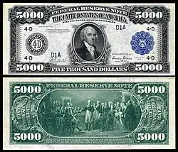 $5,000 Federal Reserve Note, Series 1918, Fr.1134d, depicting James Madison.