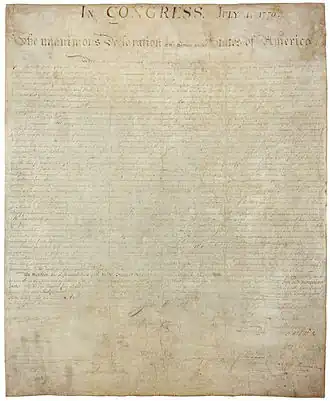 Image 5 Engrossed copy of the United States Declaration of Independence Document: Thomas Jefferson et al. The engrossed copy of the United States Declaration of Independence, which was ratified on July 4, 1776, and signed over the following months. The history of this document is one of reverence and neglect. After being signed, it was moved several times, first with the Continental Congress and later with the Secretary of State. When the British razed Washington during the War of 1812, it was evacuated to Virginia. From 1841 to 1876, the document was on public display in conditions which caused it to fade drastically. Consequently, from 1892 to 1922 it was stored between two glass plates and exhibited only rarely. After a period at the Library of Congress, the engrossed copy is now held by the National Archives. It is exhibited in a titanium-aluminum case filled with argon. More selected pictures