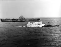 A SSM-N-8 Regulus is launched from USS Halibut; prior to the development of the SLBM, the United States employed submarines with Regulus cruise missiles in the submarine-based strategic deterrent role.