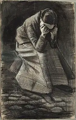 Weeping Woman (F1069, JH325), Black and white chalk, with brush and stumping, brush and black and grey wash, and traces of graphite, over a brush and brown ink underdrawing on ivory wove paper, 1883, Art Institute of Chicago.[36]