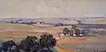 William Dunn Knox (1928) Landscape Bacchus Marsh, Oil on board, 19.0 x 38.5 cm. Castlemaine Art Museum