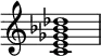 
{
\override Score.TimeSignature #'stencil = ##f
\relative c' { 
  \clef treble 
  \time 4/4
  <c e ges bes des>1
} }
