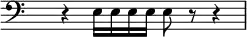 \relative c {
\clef bass \time 4/4 \hide Staff.TimeSignature
r4 e16 e16 e16 e16 e8 r8 r4
}
