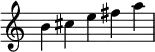 \relative c'' {
\time 5/4
\omit Score.TimeSignature
b cis e fis a
}