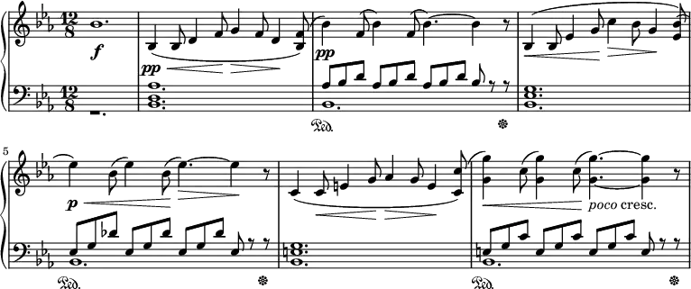 \relative c' {
  \new PianoStaff <<
   \new Staff { \key c \minor \time 12/8
    \override TextScript #'Y-extent = #'(-0.5 . 3.5) bes'1. bes,4\pp\<( bes8 d4 f8\! g4\> f8 d4\! <bes f'>8) (bes'4\pp )f8( bes4) f8( bes4.~) bes4 r8 bes,4\<( bes8 ees4 g8\! c4\> bes8 g4\! <bes ees,>8) (ees4\p\<) bes8( ees4) bes8\!( ees4.~\>) ees4\! r8 c,4( c8\< e4 g8\! aes4\> g8 e4\! <c c'>8) (<g' g'>4\<) c8( <g g'>4) c8(\!(<g g'>4.~)_\markup { \italic poco cresc. } (<g g'>4~ r8
   }
   \new Dynamics {
    s\f
   }
   \new Staff { \key c \minor \time 12/8 \clef bass
    <<
      { s1. s aes,8[ bes d] aes8[ bes d] aes8[ bes d] bes r r\sustainOff s1. ees,8[ g des'] ees,8[ g des'] ees,8[ g des'] ees, r r\sustainOff s1. e8[ g c] e,8[ g c] e,8[ g c] e, r r\sustainOff }
    \\
      { r1. \override TextScript #'Y-extent = #'(-0.5 . 3.5) <bes d aes'>1. bes\sustainOn <bes ees g>1. bes\sustainOn <bes e g> bes\sustainOn }
    >>
   }
  >>
 }