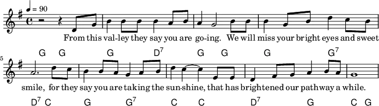 {\language "english" \new PianoStaff \transpose c c
<< \new Staff\relative c'{\set Staff.midiInstrument= #"reed organ" \clef treble \key g \major\time 4/4 \tempo 4=90 r2 r4 d8 g8 b4 b8 b8 b4 a8 b8 a4 g2 b8 b8 b4 g8 b d4 c8 b a2. d8 c b4 b8 a g4 a8 b d4 c4 ~c4 e,8 e8 d4 fs8 g8 a4 b8 a g1 } \addlyrics{From this val -- ley they say you are go -- ing. We will miss your bright eyes and sweet smile, for they say you are ta -- king the sun -- shine, that has bright -- ened our path -- way a while.} \new ChordNames {\chordmode {\clef treble g,2 g, g d:7 g, g, g g:7 d:7 c g g:7 c c d:7 g c g } }>>}