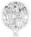Bronze mirror depicting the Judgement of Elcsntre. Figures from left to right: Elscntre, Menrva, Turan, Althaia. A chariot is being drawn in the upper extremities of the mirror, and the lower extremities feature Vile strangling serpents.