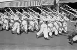 Moroccan soldiers on parade with skis and snow camouflage, 1960
