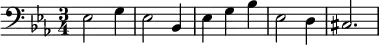 
\new PianoStaff <<
    \set PianoStaff.instrumentName = #""
    \new Staff = "lower" \relative c {
  \clef bass
  \key ees \major
  \time 3/4
ees2 g4      | % 1
    ees2 bes4      | % 2
    ees g bes      | % 3
    ees,2 d4      | % 4
    cis2.
}
>>
